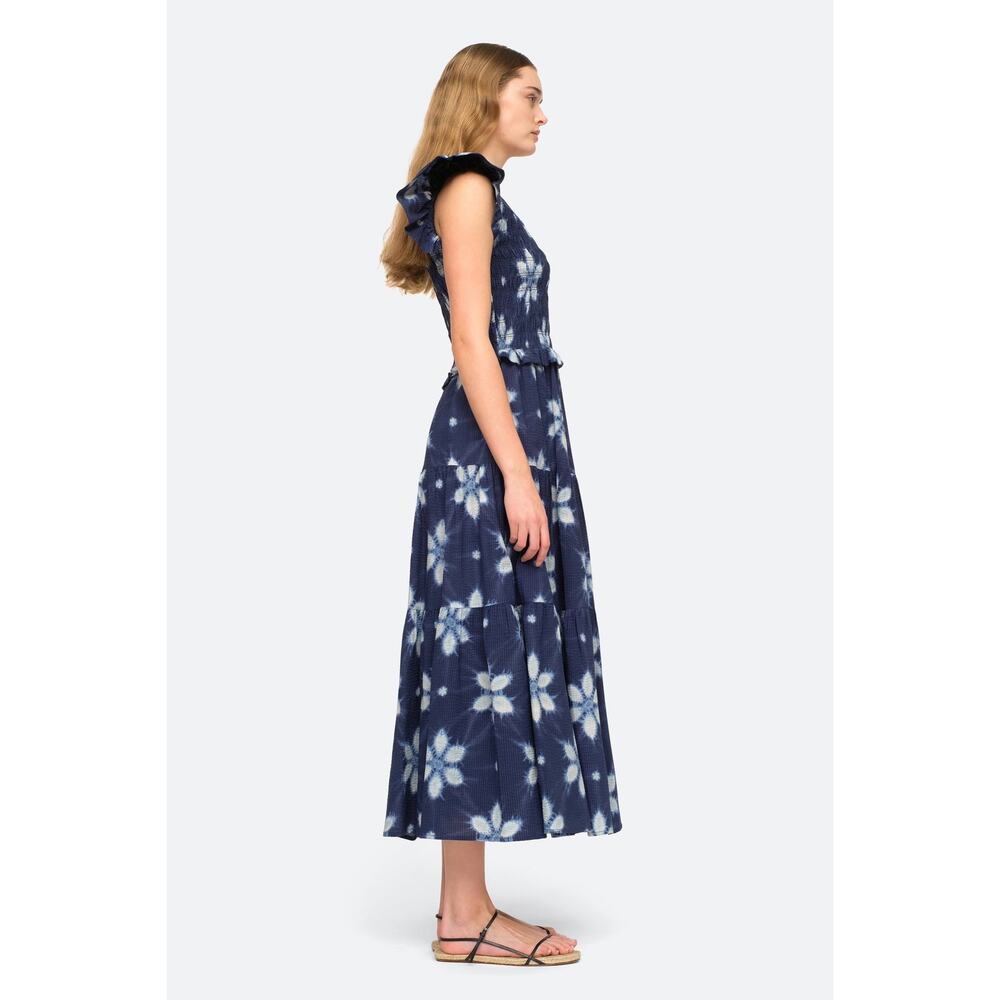 SEA Isla Midi Dress Navy Print Smocked Cotton Peasant Flutter Sleeve Women's 4 - Picture 8 of 12